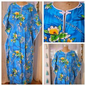 Vintage US Virgin Islands Smocked Lounge Dress Caftan Muu Muu Beach Cruise M EUC